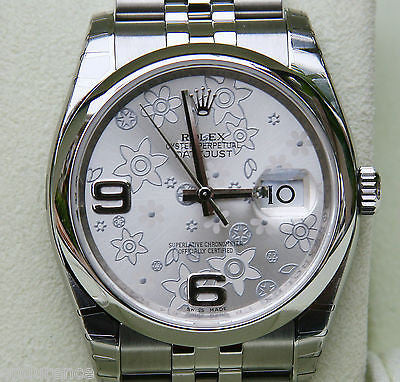 ROLEX MENS LADIES NEW DATEJUST WATCH 36mm SILVER FLORAL FLOWER DIAL STEEL