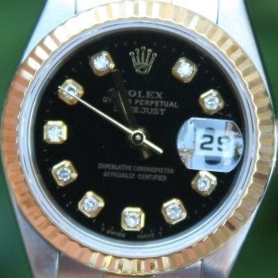 ROLEX 18k GOLD AND STEEL 26mm LADIES AUTOMATIC DATEJUST WATCH BLACK DIAMOND DIAL