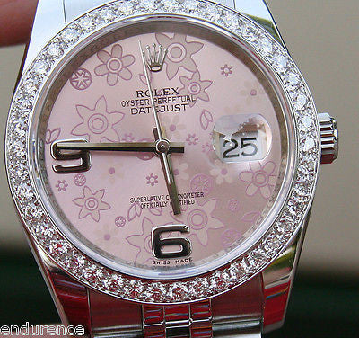 ROLEX MENS LADIES NEW DATEJUST WOMENS 36mm SIZE PINK FLORAL FLOWER DIAL STEEL