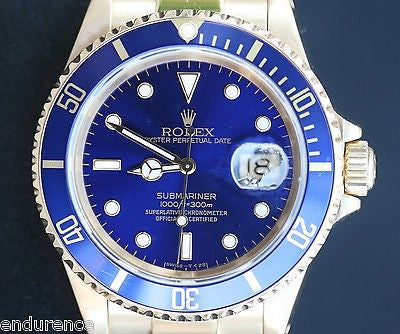 ROLEX MENS SUBMARINER WATCH 18K YELLOW GOLD BLUE ON BLUE 16618