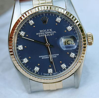 ROLEX DATEJUST MENS TWO TONE GOLD STAINLESS STEEL FACTORY DIAMOND BLUE DIAL