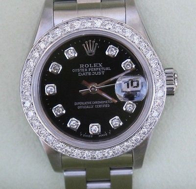 ROLEX DATEJUST LADIES WATCH STEEL BLACK DIAMOND DIAL BEZEL LATE 69160