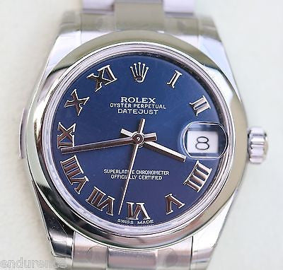 ROLEX DATEJUST STAINLESS STEEL MIDSIZE WATCH BLUE ROMAN DIAL 178240