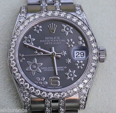 ROLEX DATEJUST MIDSIZE LADIES RHODIUM FLORAL DIAL DIAMOND BEZEL LUGS BRACELET